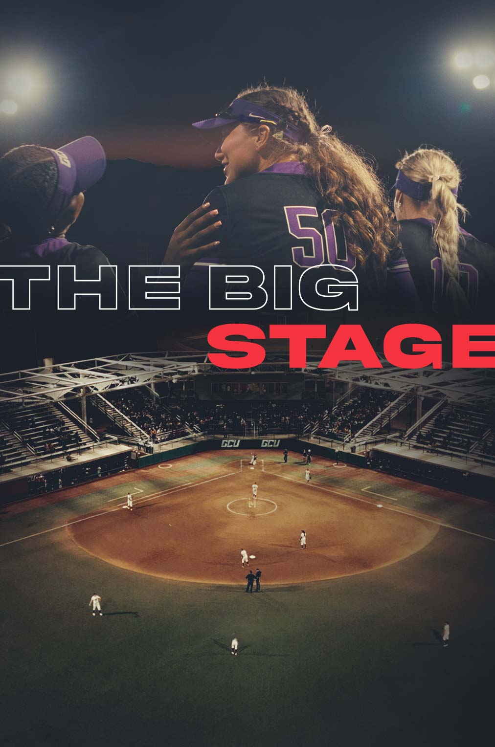 A baseball field at night with a photo of the backs of a female college baseball team overlayed.